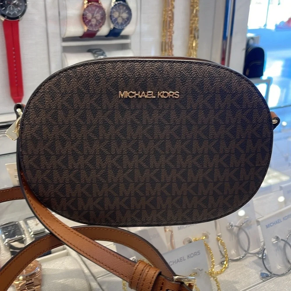 Michael Kors Jet Set Travel Medium Signature Logo EW Crossbody Bag Brown NWT